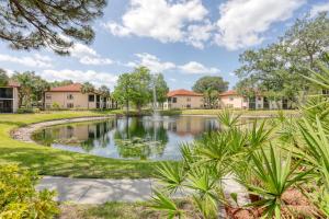 布雷登顿Modern Palm Paradise的一座带房子的院子内的池塘