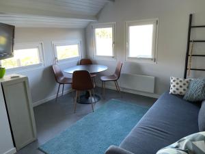 哈伦Blokhut Klein Meerzicht的带沙发、桌子和窗户的客厅