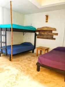 科苏梅尔Mi Refugio Dive House的一间卧室设有两张双层床和一张桌子