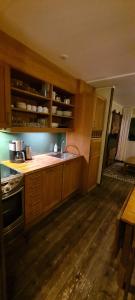 萨伦Stöten Mitt Apartment, Sälen的厨房配有木制橱柜和炉灶烤箱。