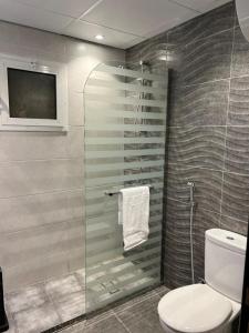 吉达Moments Hotel的浴室设有玻璃淋浴间和卫生间