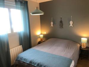 拉皮隆尼尔Maison idéale pour un séjour aux Sables d'Olonne的一间卧室配有一张床、一个窗口和两盏灯。