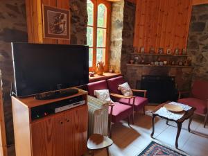 卡洛帕尼亚伊奥蒂斯Elpiniki's Old House的客厅配有平面电视和紫色椅子