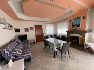 新安希亚洛斯Seaside apartment with private garden的带沙发、桌子和壁炉的客厅