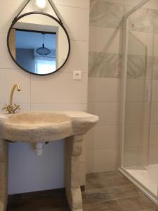 普洛埃默Chez Catherine et Laurent的一间带水槽和镜子的浴室