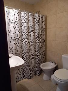查斯科穆斯Refugio del visitante的浴室设有淋浴帘、卫生间和水槽