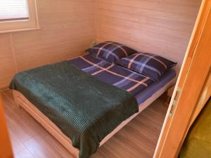 文戈热沃Domek Letniskowy KAL的一张位于小客房内的床铺,配有绿色的被子和枕头
