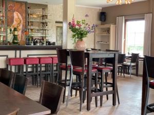 黑耶拉特克罗采酒店的餐厅设有酒吧,配有红色椅子和桌子