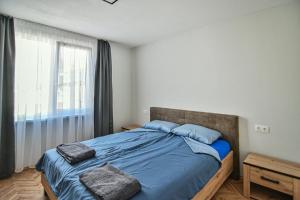 瓦尔纳House Stavrevi的一间卧室配有一张带蓝色床单的床和一扇窗户。