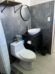 圣胡安Nomada Beach Hostel- Isla Verde的浴室配有白色卫生间和盥洗盆。