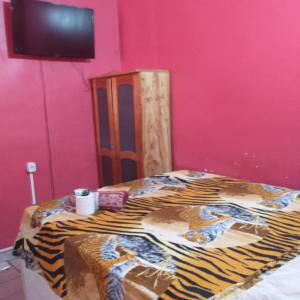 圣塔伦Guaraná da Cláudia的粉红色墙壁的房间里一张床位