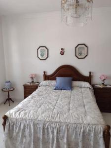 格罗韦Apartamento en San Vicente de O Grove的一间卧室配有一张带蓝色枕头的床