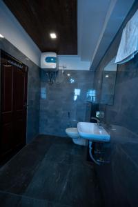 西里古里HOTEL MITTAL GARDEN的一间带水槽、卫生间和镜子的浴室