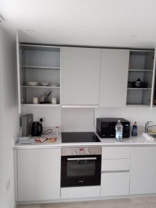克罗伊登23 floor studio for work 1Gb WiFi的厨房配有白色橱柜和炉灶烤箱。