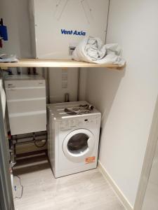克罗伊登23 floor studio for work 1Gb WiFi的洗衣房,在架子上配有洗衣机