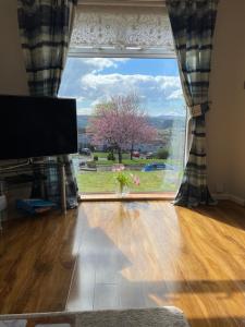 邓巴顿Dumbarton With A View的客房设有大窗户,享有树木的景致。