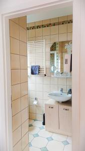 赫尔-格伦茨豪森Hotel Garni Zur Traube的一间带水槽和镜子的浴室
