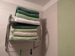 瓦拉日丁A romantic getaway in Varaždin的浴室内带5条毛巾的毛巾架