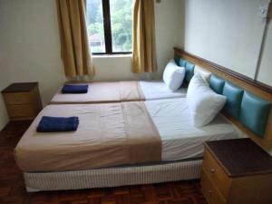 卢穆特Lumut Valley的一间卧室配有两张带蓝色枕头的床。