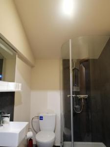 凯尔克拉High guests comfort and satisfaction in 2 double bedrooms with private bathroom的浴室配有卫生间、淋浴和盥洗盆。