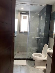 古尔冈Windchime 853的一间带卫生间和玻璃淋浴间的浴室