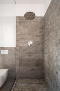 博洛尼亚Santo Stefano Design Apartment by Wonderful Italy的带淋浴的浴室,其中有一只狗