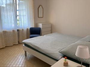洛迦诺Appartamento con giardino al Melograno的一间卧室配有一张床和一张蓝色椅子
