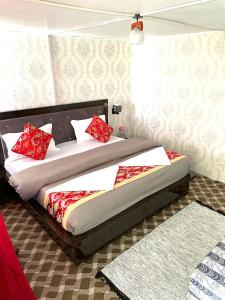 斯潘格米克Pangong Delight Camps and Cottages的一间卧室配有一张带红色枕头的床