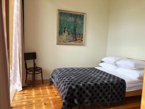 萨拉茨格里瓦蓝都普拉瓦斯度假屋的卧室配有一张床,墙上挂有绘画作品