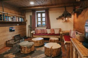 莫斯特拉纳Hostel Lukna的客厅配有原木、沙发和桌子