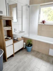BarnbachSigi Apartment的浴室配有盥洗盆、浴缸和盥洗盆