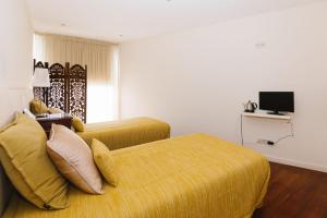 阿尔瓦伦加Casa do Passadiço - Alvarenga的一间卧室配有黄色的床和电视