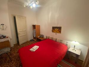 巴库My Home Guest House的红色毯子的房间的一张红色的床