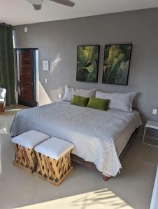 恰卡拉Hotel Pura Chacala的卧室配有一张大床,墙上挂有两张照片