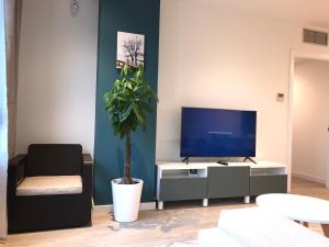 巴塞罗那Llull Home的一间带电视和盆栽植物的客厅