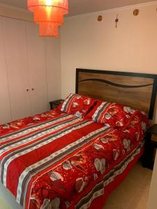 拉塞雷纳departamentos tres habitaciones的一间卧室配有一张红色棉被的床