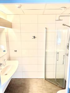 斯切灵加德Götaströms Värdshus的带淋浴和盥洗盆的浴室