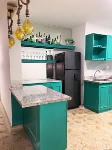 卡塔赫纳Hotel CastilloMar的厨房配有绿色橱柜和黑色冰箱