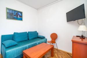 默克斯卡Apartments Peco的客厅配有蓝色的沙发和平面电视。