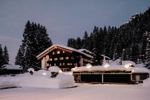 加尔盖伦阿尔卑斯山海姆斯皮兹酒店的一座被雪覆盖的建筑,在树前