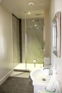 洛欣弗Kirkaig Lodge的带淋浴、盥洗盆和卫生间的浴室