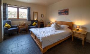 洛欣弗Kirkaig Lodge的一间卧室配有一张床、一张沙发和一把椅子