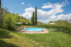 拉迪孔多利Monolocale Antico Fienile的一个带遮阳伞的庭院内的游泳池