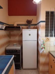 马尔马里Μαγευτικο ηλιβασιλεμα Μαρμαρι Ευβοιας的厨房配有白色冰箱和炉灶。