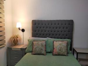 瓜达拉哈拉Luxury Department Tlaquepaque的一间卧室配有一张带大床头板和枕头的床