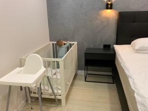 派尔努Tammsaare Luxury Apartment的婴儿站在卧室的婴儿床上