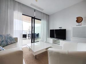 贝尼多姆SUNSET WAVES sea & sky apartment的带沙发和电视的客厅