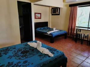 塔尔科莱斯House of the Macaws的酒店客房,配有两张带毛巾的床