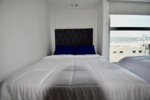 蒙特雷Room in Guest room - Habitacion Tipo Hotel En Obispado的一间卧室配有一张带蓝色枕头的大床