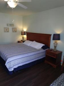 MeadAnglers Hideaway Cabins的一间卧室配有一张大床和两张台灯。